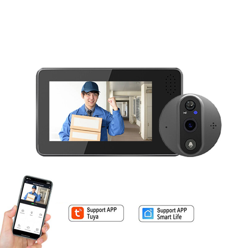 Tuya Smart-WiFi Campainha Peephole Câmera, Segurança Em Casa, Áudio 2-Way, Visão Noturna, 4,3 "FHD Vídeo Campainha, 1080p