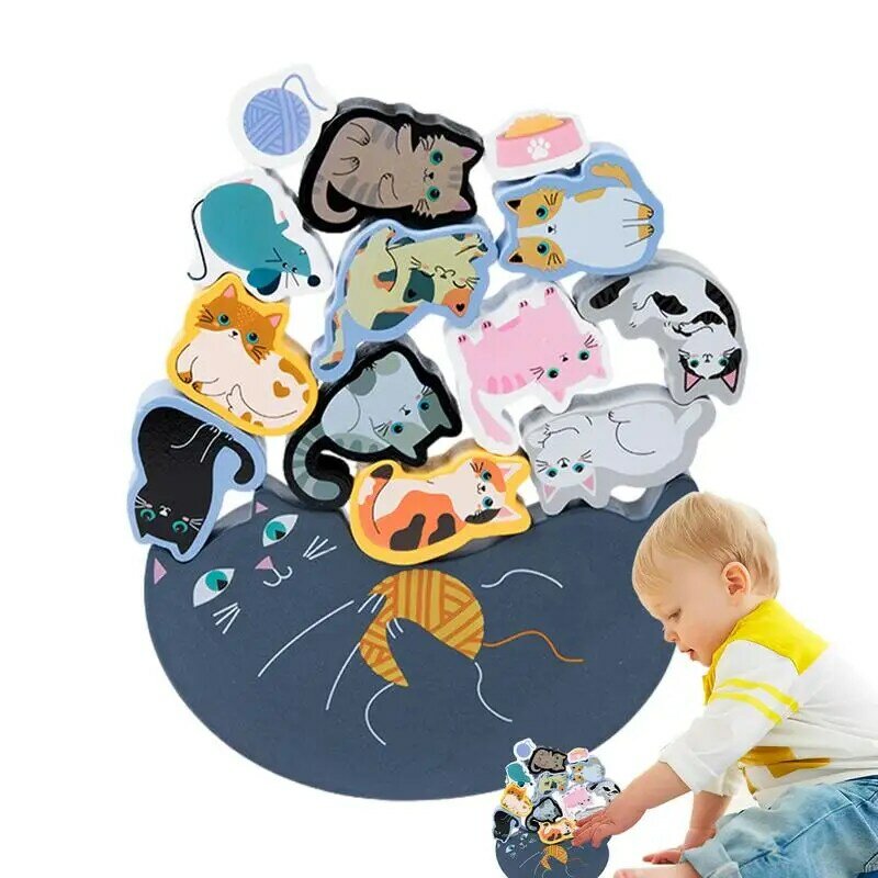 Décennie s d'équilibre pour enfants, jeu de pile en bois à motifs de chat, jouet dos mignon, jeu d'équilibre pour développer la coordination œil-main