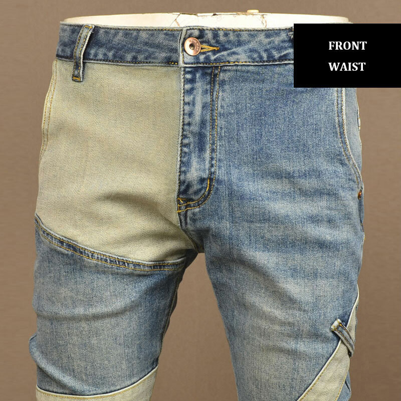 Джинсы мужские стрейчевые, модные брюки из денима в стиле ретро, рваные синие, с заплатками, в стиле хип-хоп