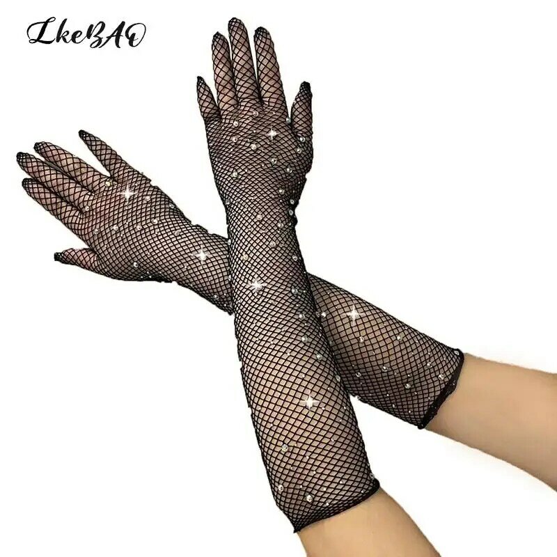 Sexy Flash Diamond Full Finger Fishing Net Gloves Elastic Rhinestones Mesh Gloves Electronic Music Festival Clothing Accessories