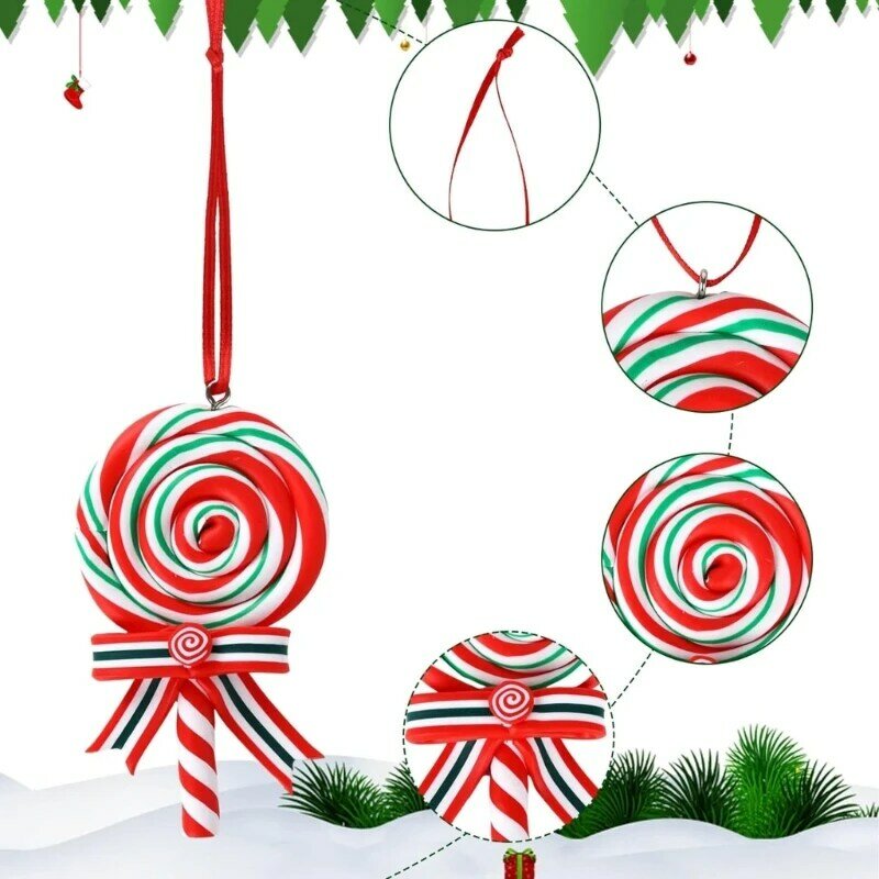 H7EA 6 Pieces Christmas Candy Ornaments Fake Candy Cane Lollipop Hanging Decorations