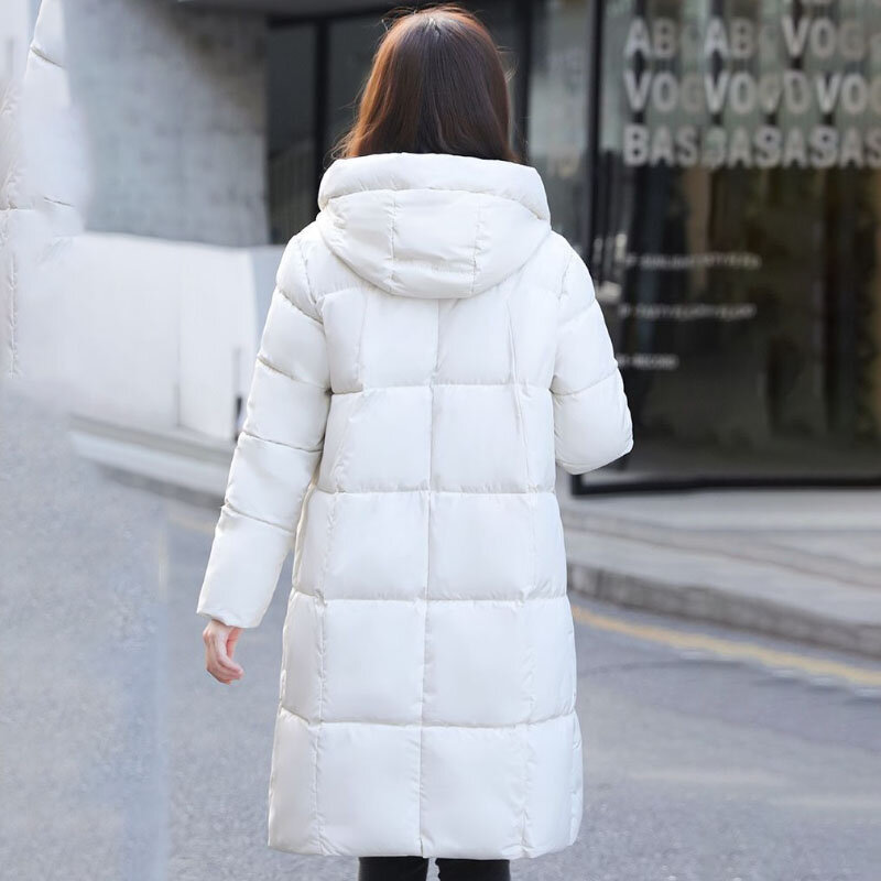 Jaqueta comprida solta de algodão acolchoada, casaco Parker grosso e quente, jaqueta com capuz, sobretudo acolchoado de algodão, moda coreana, inverno novo, 2024