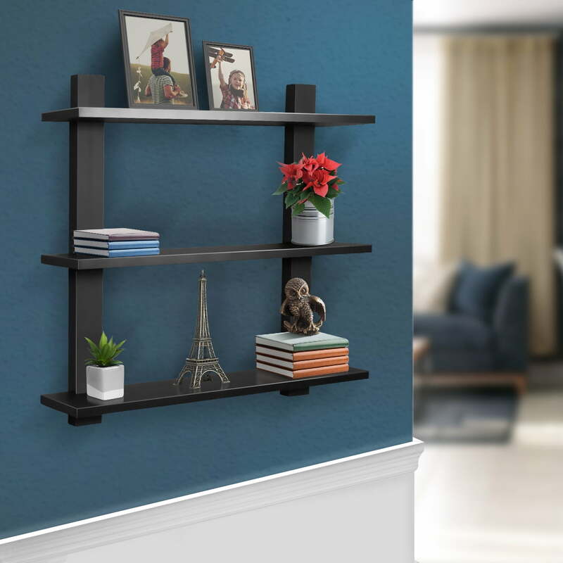 Sorbus 3 Tier Floating Shelves, for Photos, Decorative Items, and Much More - (Black) Medium Density Fiberboard, Wood