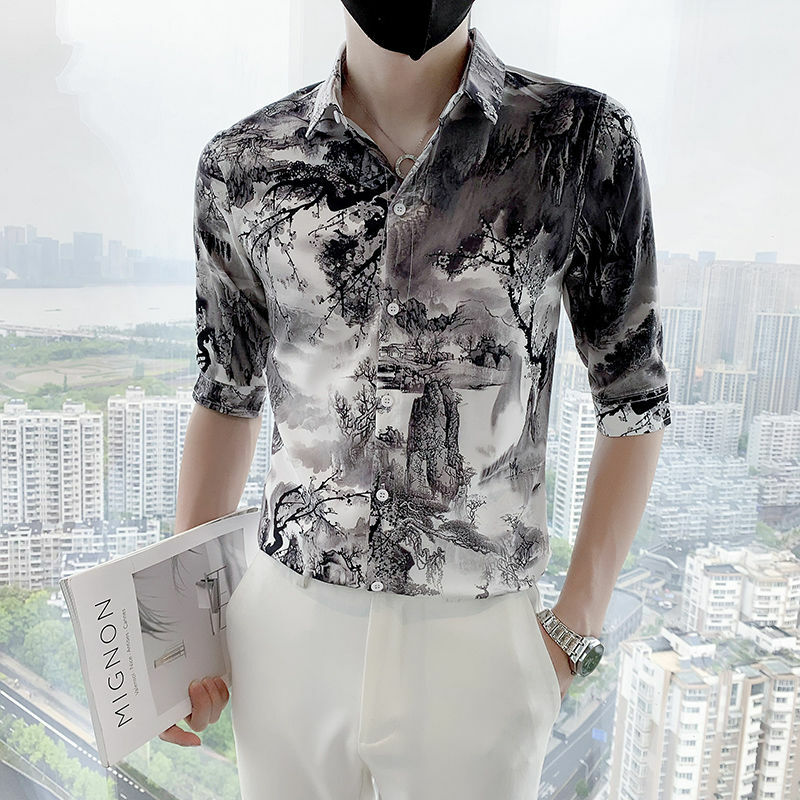 남성용 턴다운 칼라 패션 반팔 셔츠, 하이 스트리트 캐주얼 루즈 단추 가디건, Y2K 아이스 실크 원단 탑, 여름 신상