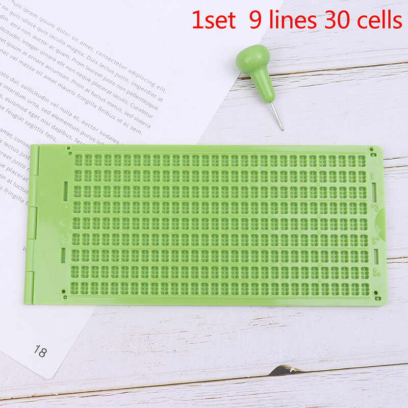1 Set 9 Lines 30 Cells Braille Writing Slate With Stylus Portable Practical School Plastic Learning Green Tool Vision Care