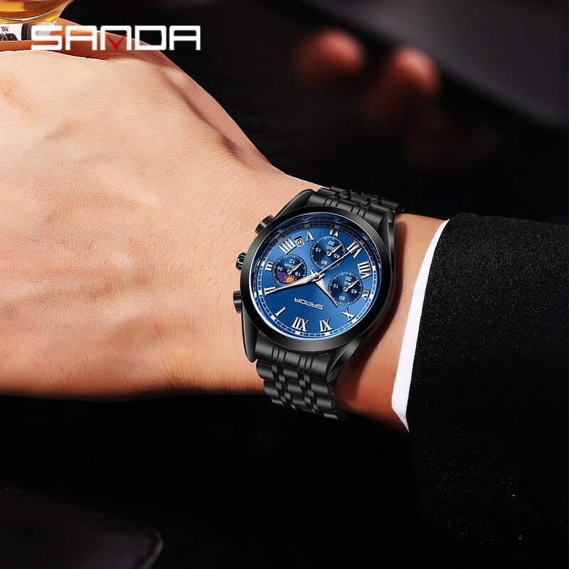 Sanda 5012 Quartz Watch is a popular men's true six needle steel strap casual, cool, and fashionable watch