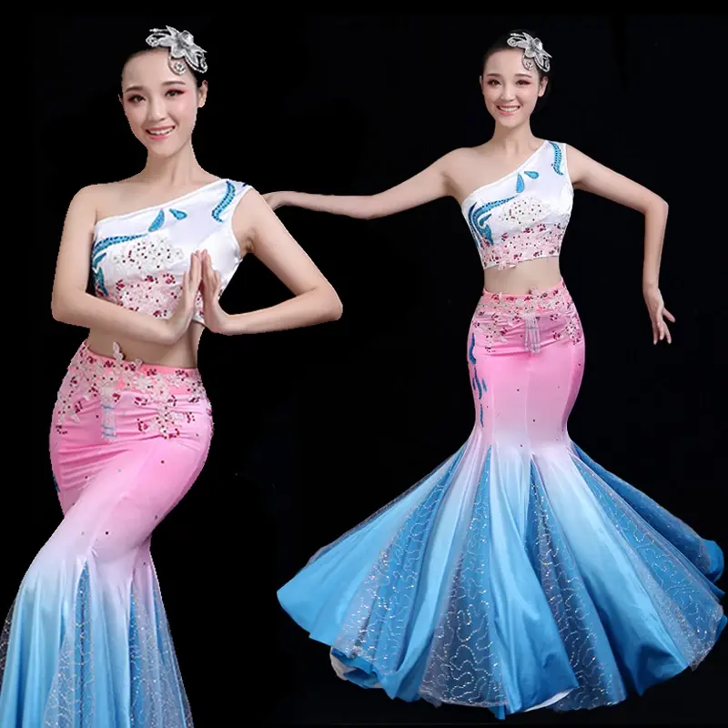 Ropa de baile Dai para adultos e hijos, falda de cola de pez Xishuangbanna, baile de pavo real degradado