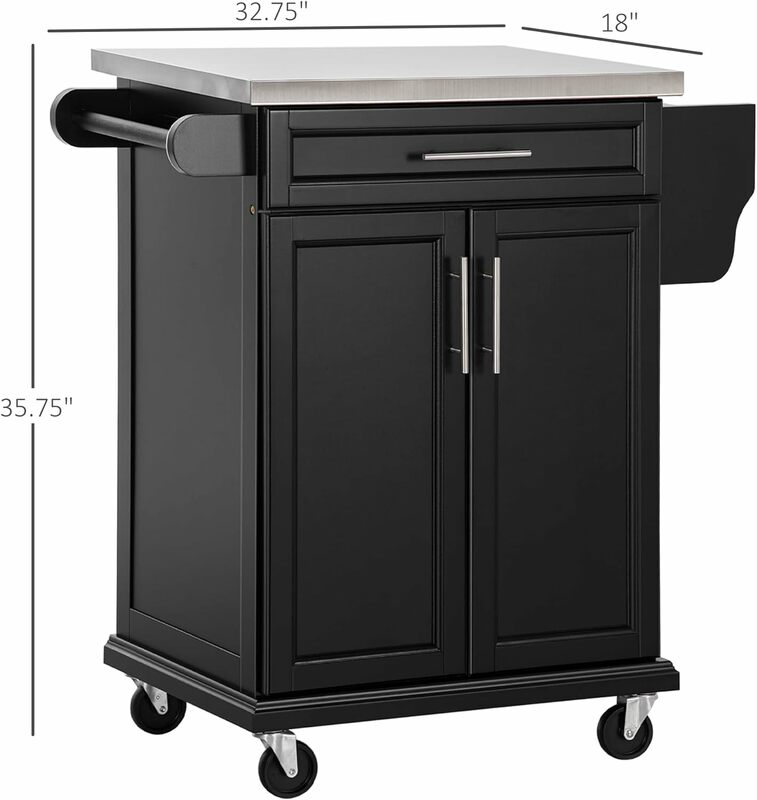 HOMCOM Kitchen Island on Wheels, Rolling Kitchen Cart with Stainless Steel Countertop, Drawer, Towel Rack and Spice Rack,