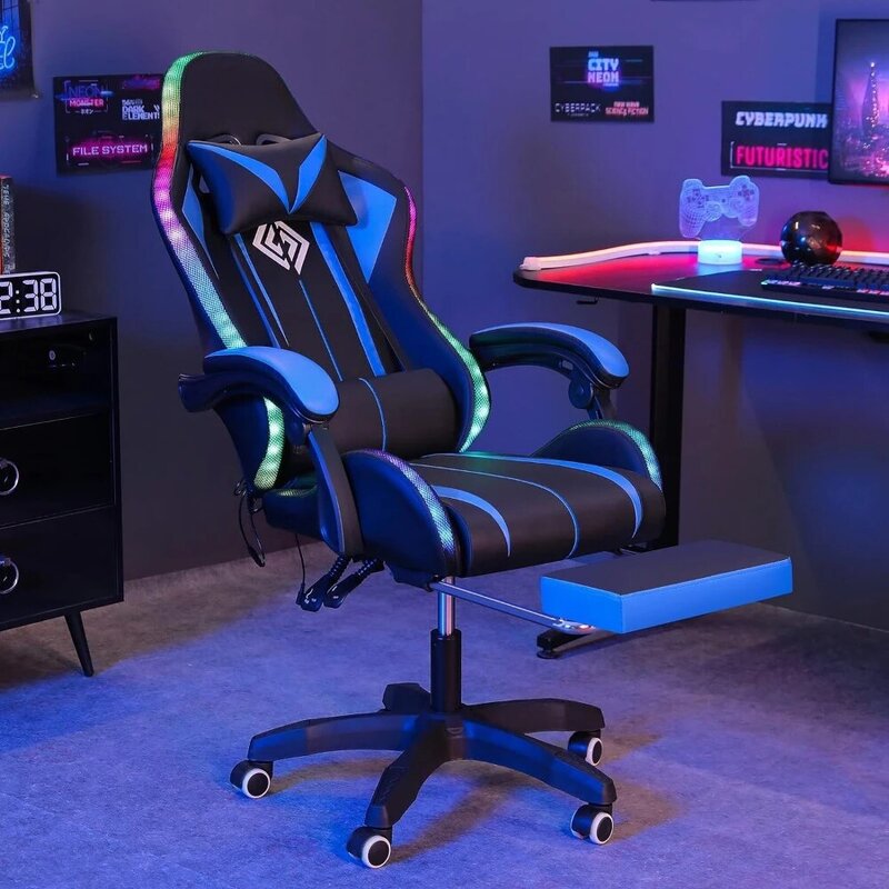 Lampu kursi Game pijat ergonomis, lampu kursi Game Video dengan sandaran kaki punggung tinggi dengan penopang pinggang warna biru dan hitam dan kantor Gamer