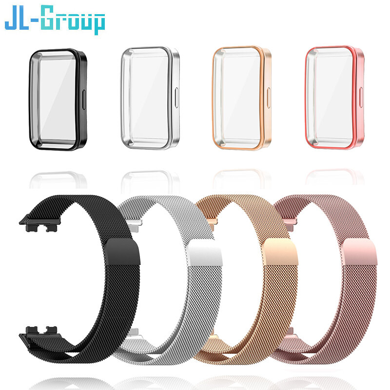Metal Strap For Huawei Band 8 Bracelet With TPU Case Screen Protector Soft Film Replacement Milanese Magnetic Loop Watchband