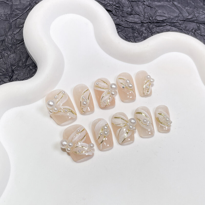 10 Stück kurze runde handgemachte Presse auf Nägeln gefälschten Nagel mit Ballett bändern volle Abdeckung Perle Blume tragbare künstliche falsche Nägel