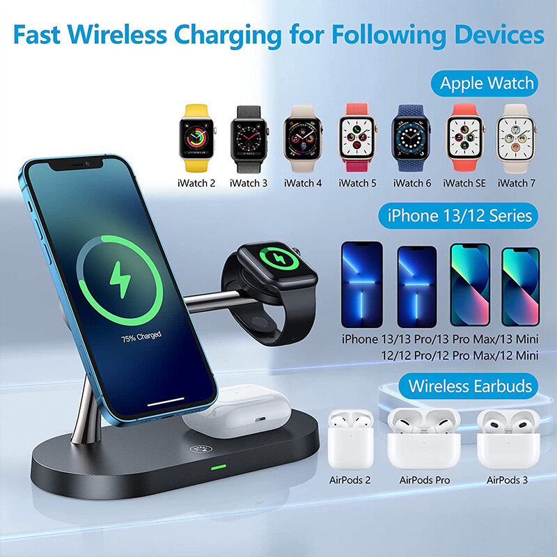3 in 1 Wireless Charger Stand Magnetic For iPhone 12 13 14 15 Fast Charging Station for Apple Watch 9 8 7 6 5 Airpods 2 3 Pro