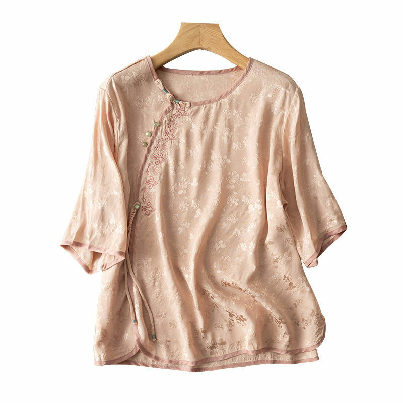 Blusa de cetim estilo chinês feminino, camisas de manga curta, roupas com gola O, blusa estampada solta de seda, moda verão