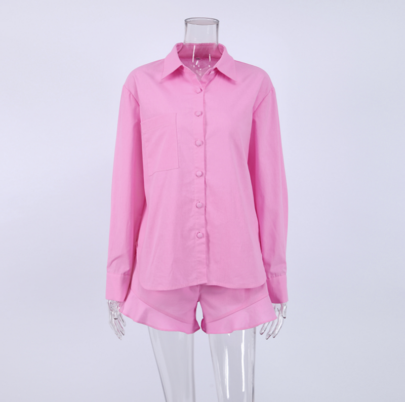 Traje de camisa de manga larga para mujer, pantalones cortos holgados informales con diseño de fiesta con volantes, novedad de 2023