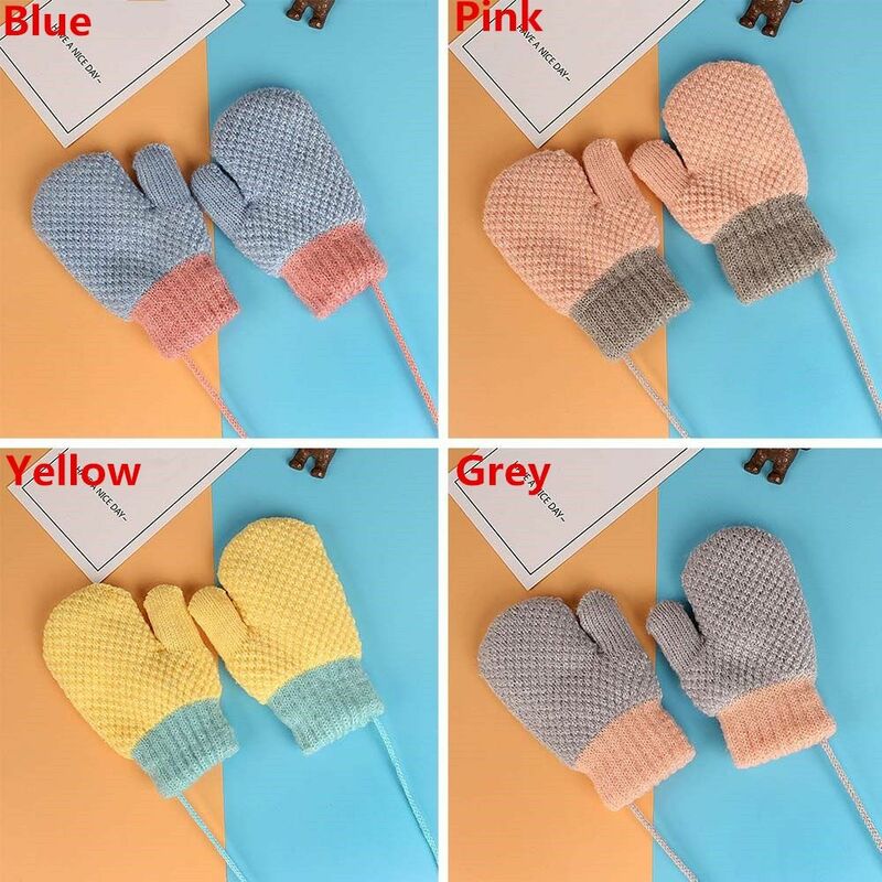 Children Mittens Winter Wool Knitted Gloves Faux Fur Thick Warm Cute Cartoon Baby Boys Girls Hanging Neck Gloves For 2-6 Years