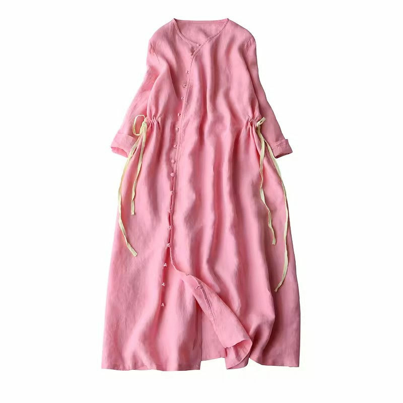 Gaun Retro asli Musim Semi Musim Panas 2024 gaun kardigan lengan panjang merah muda seni ramping pinggang depan leher V Linen K994