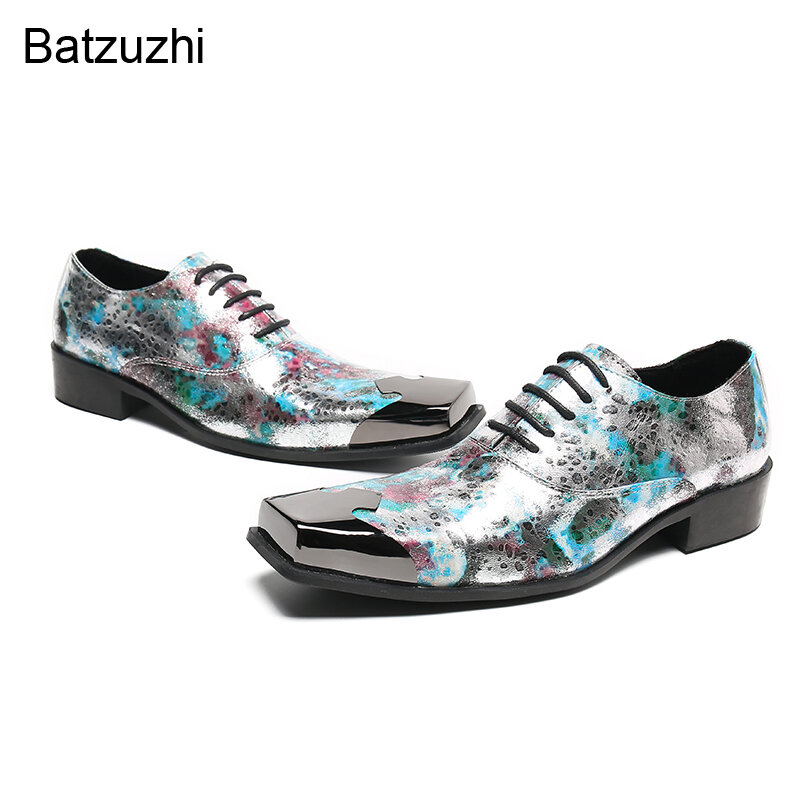 Batzuzhi Herenschoenen Kleur Lederen Kleding Schoenen Mannen Lace-Up Speciale Vierkante Metalen Neus Business/Party En trouwschoenen Mannelijke, 38-46