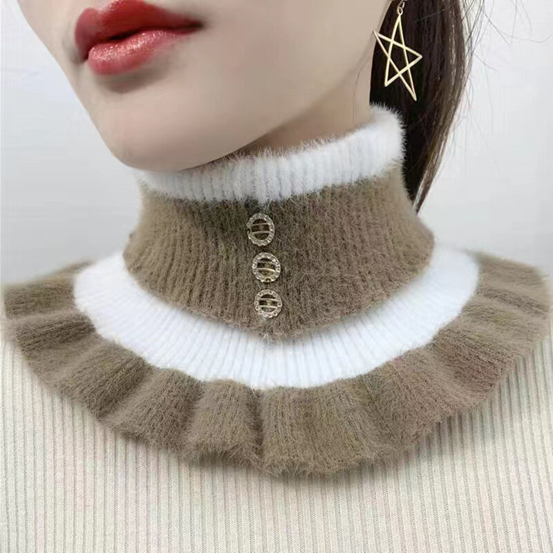 Cuello de solapa de punto a rayas para mujer, cubierta de cuello versátil, gruesa, imitación de visón, cuello falso de terciopelo, 2024