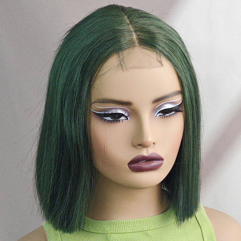 Peluca de cabello humano liso de 2x6 para mujer, de encaje corto postizo, corte Bob, color verde, 180% de densidad, pelo brasileño predespuntado