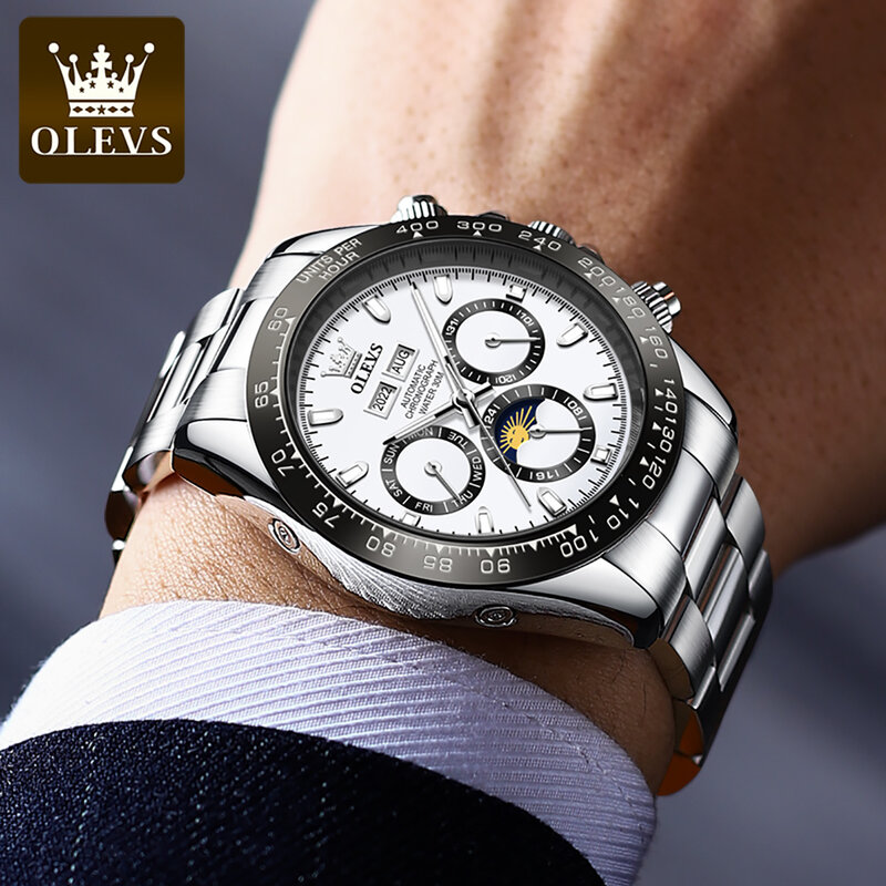 OLEVS Original Men's Watches Classic Three Eyes Dial Waterproof Fully Automatic Mechanical Watch Stainless Steel Strap Luminous
