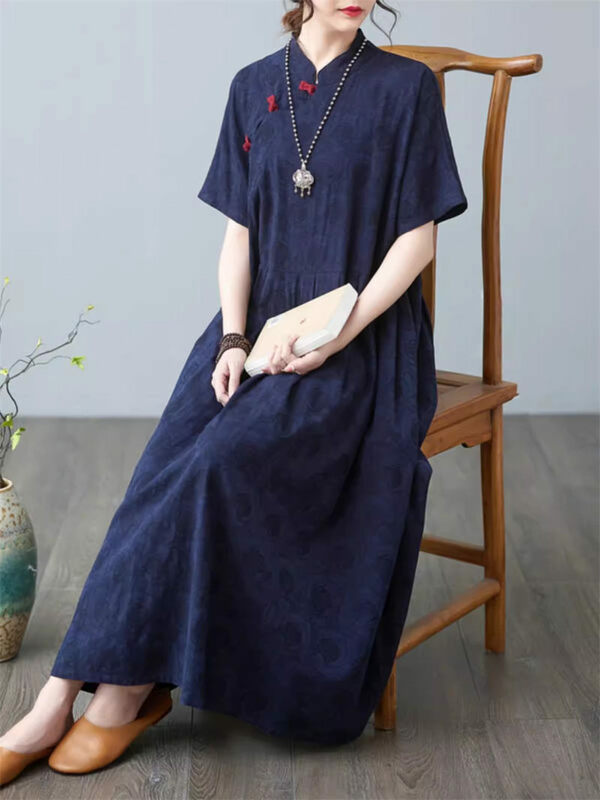 2024 Sommer neue Retro chinesischen Stil High-End-Jacquard-Kleid Kurzarm Platte Schnalle lose und schlanke lange Kleid für Frauen k768