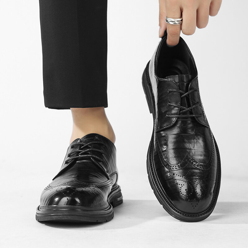 Sapatos masculinos de couro casual, cruzado, de alta qualidade, dedo do pé redondo, salto quadrado, sapato vestido, costura fashion, venda quente, 2023