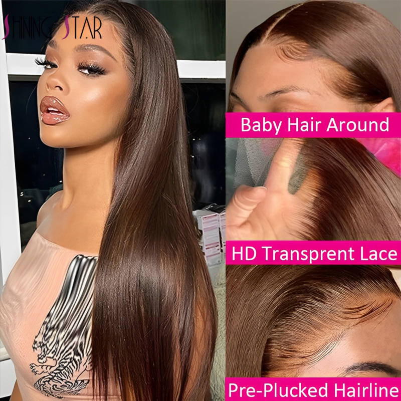 13x6 Chocolate Brown Straight Lace Front Human Hair Wig HD Transparent Lace Frontal Wig Preplucked Colored Human Hair Wigs 180%