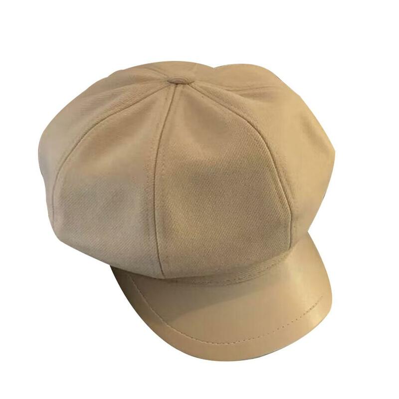 Topi wol polos untuk wanita, topi pelukis baret oktagonal polos kasual musim dingin pria wanita V4C4