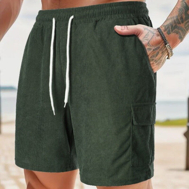 2024 Summer New Solid Color Sports Pants, Corduroy Five Point Shorts, Men's Multi Pocket Shorts, Casual Pants шорты мужские