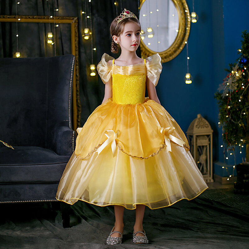 Vestido princesa Belle para meninas, Cosplay Costume para crianças, Beauty and Beast Party Clothing, Magic Stick, Crown, Children Birthday