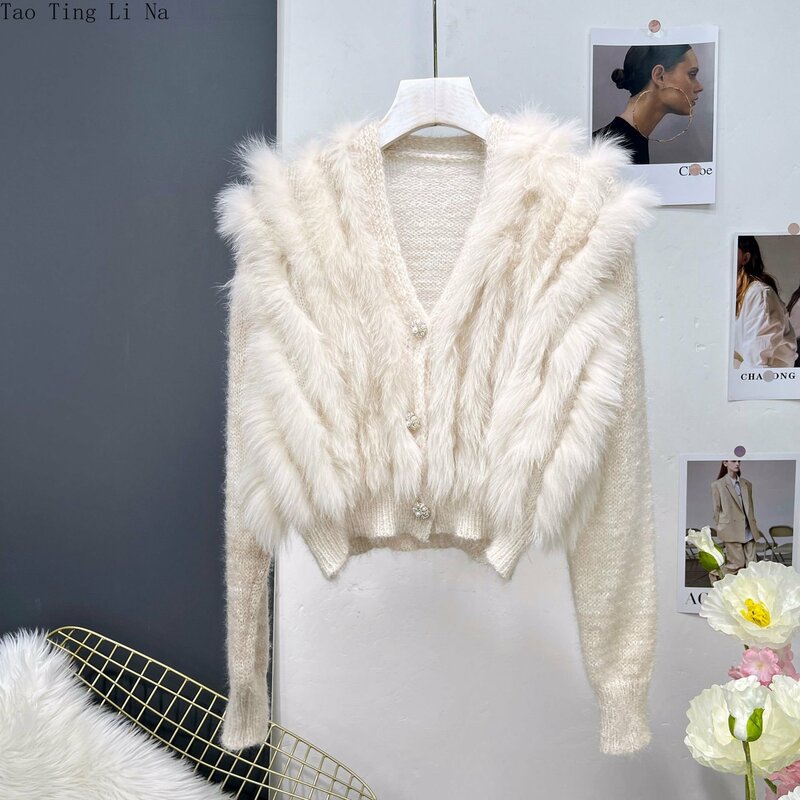 2023 Весна Новый Лисий мех свитер женский короткий кардиган пальто H1