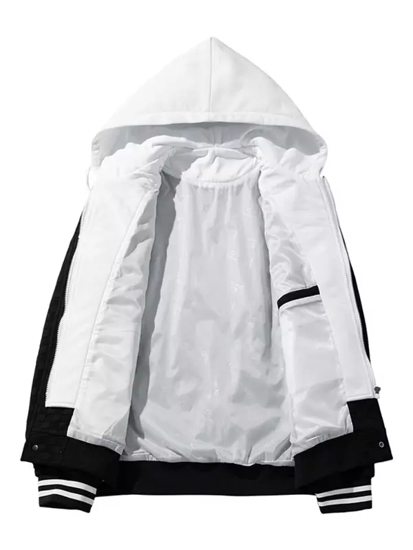 2024 New Spring Men's Hooded Varsity Jacket Streetwear Fashion Fake 2 in 1 Single Breasted Casual Windbreaker Loose Letter Coat