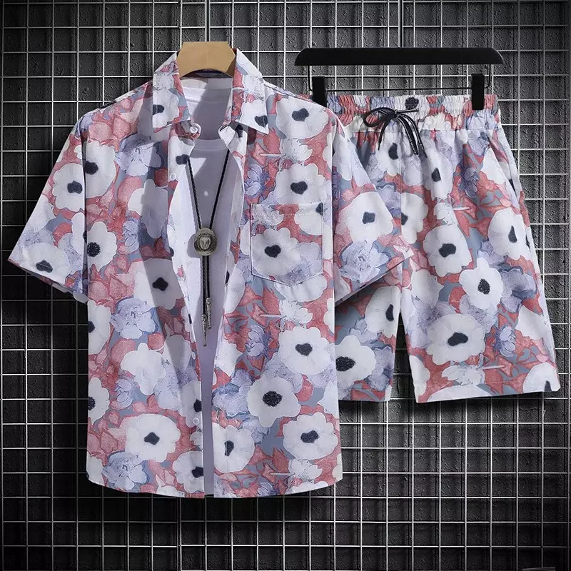 2024 z krótkim rękawem bluzka w roślinny wzór kostium plażowy garnitur męski nadmorski ubrania podróżne w stylu Hawei para na co dzień topy odzież męska