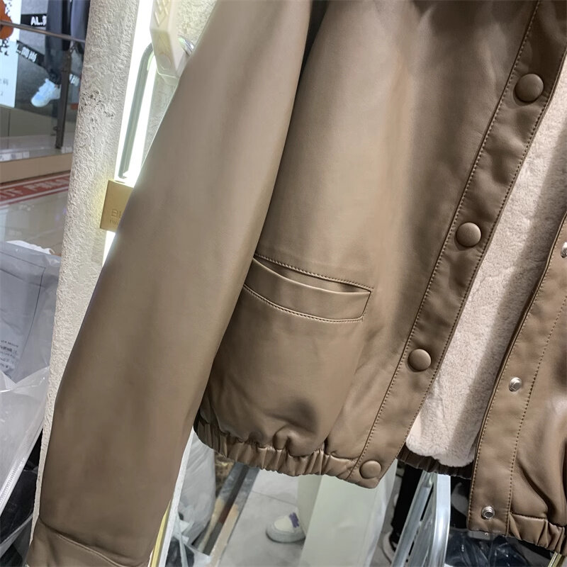 PU 피부 플러시 두꺼운 여성 가죽 재킷 코트, 대형 모직 칼라 짧은 상의, 두꺼운 재킷, 가을, 겨울, 신상, 2024