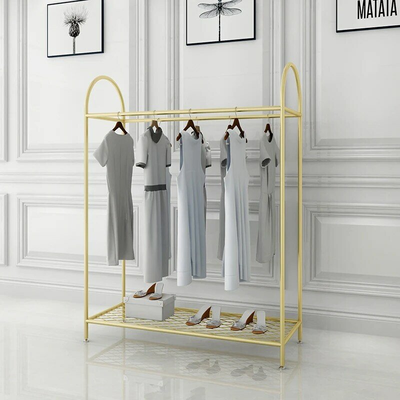 Golden Metal Hanging Island Rack para mulheres, loja personalizada, loja de roupas de luxo, boutique