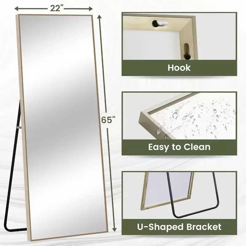Full-length Floor mirror, Aluminum Alloy Thin Frame, Matte Champagne Color, 65"" x22