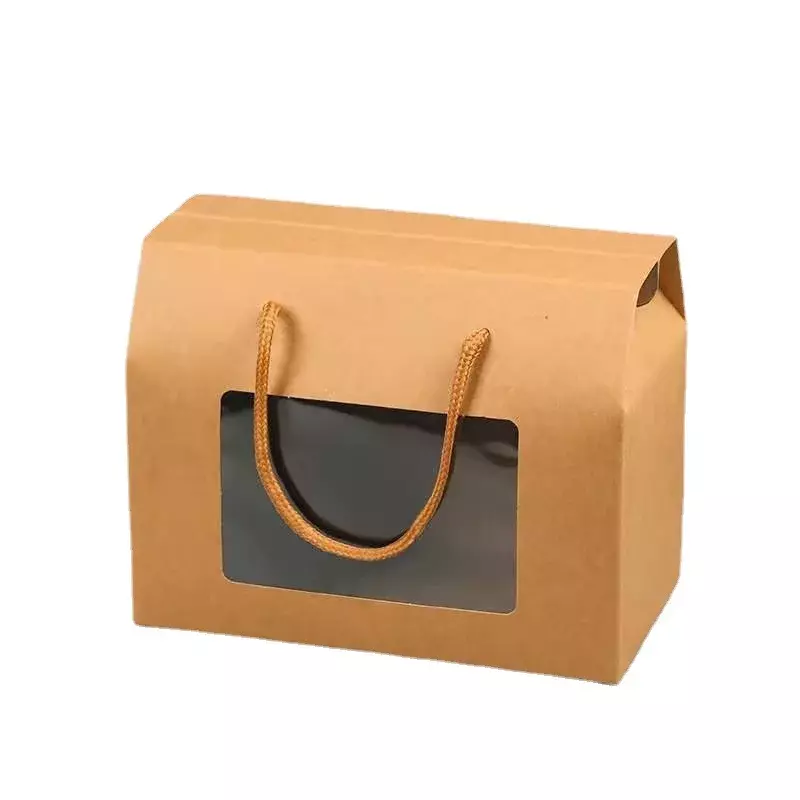 Caja de papel Kraft con ventana, producto personalizado, cuerda portátil, plegable, embalaje de frutas, bolsas de agradecimiento, bolsa de regalo con asas