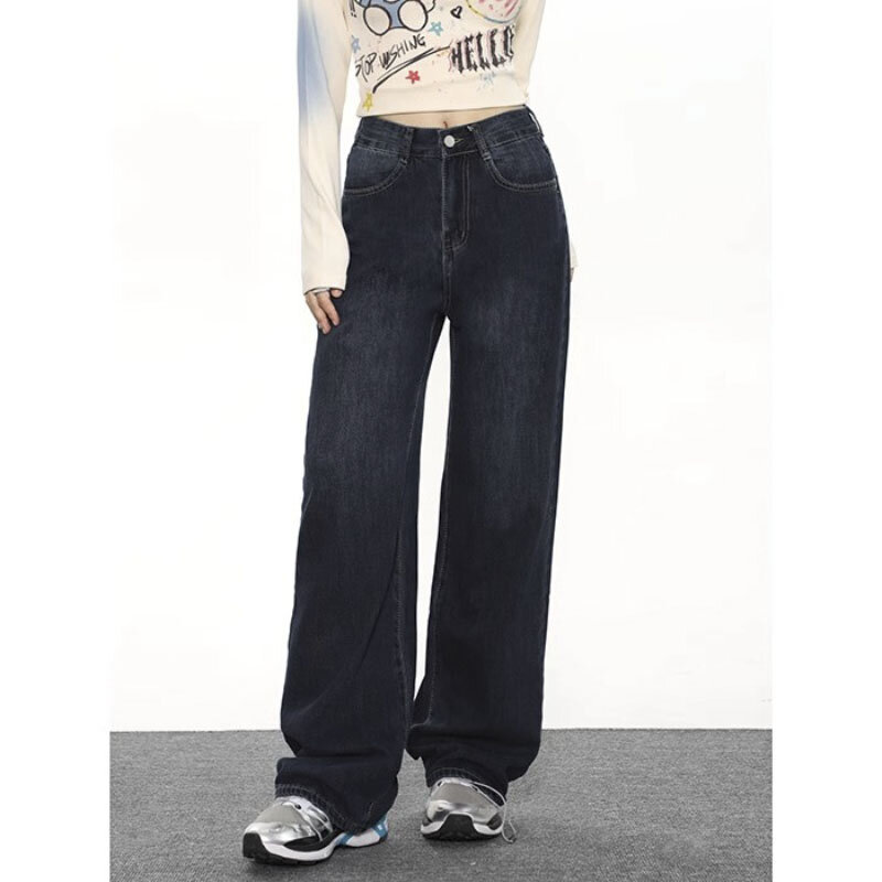 Женские винтажные джинсы, синие прямые джинсы с высокой талией в уличном стиле