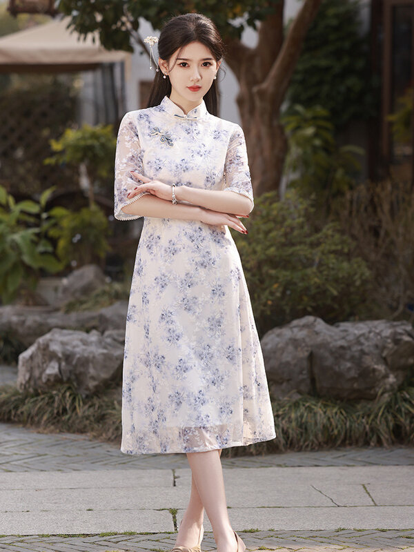 Summer New Improved Young Cheongsam Traditional Chinese Style Retro Fashion Short Sleeve Qipao Dress