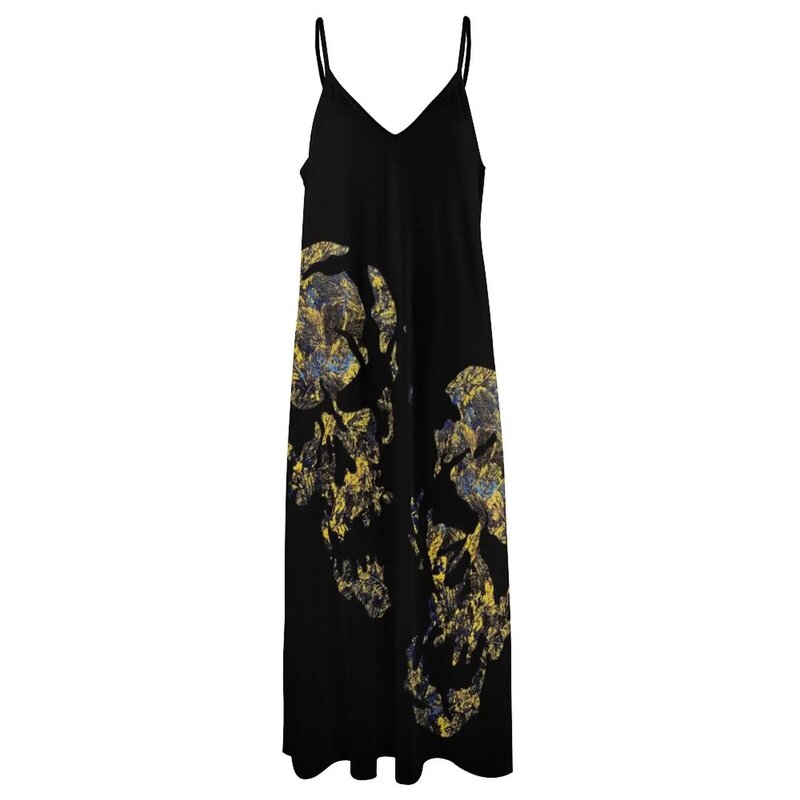Женское летнее платье без рукавов, платье с абстрактными черепами и золотыми листьями в темноте, женское вечернее платье