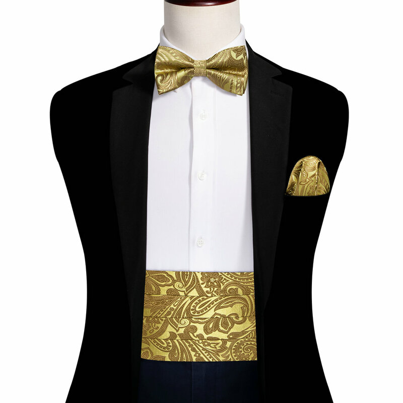 Cummerbund dorado de lujo para hombre, conjunto de gemelos, pañuelo de seda de alta calidad, pajarita de Cachemira, regalo de boda, fiesta Formal, Barry.Wang