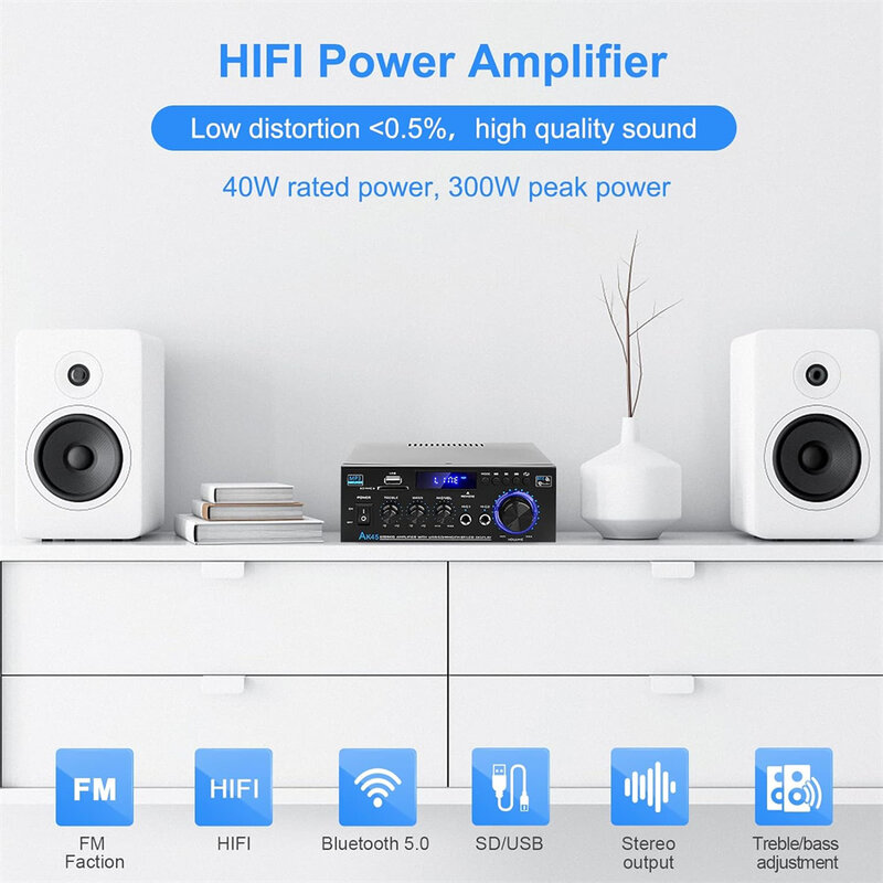 AK45 Bluetooth 5.0 Power Amplifier 2.0CH 40W X 2 Output Max 400W Subwoofer Hi-Fi Audio Amplifier Stereo Amplifier Receiver