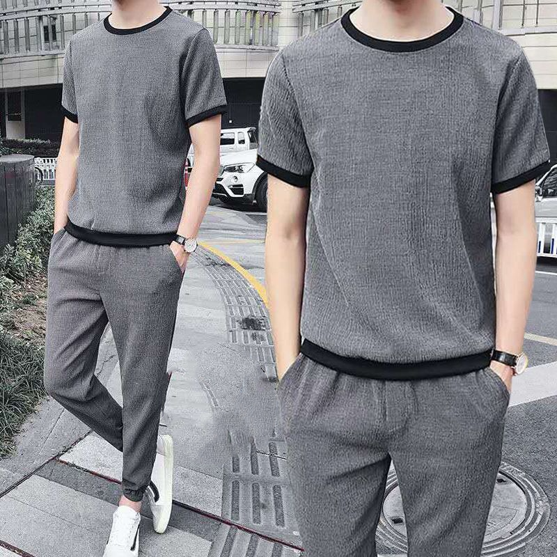 New Ice Shreds Men Summer Contrasting Colors Round Neck Motion Casual Short Sleeved Trousers Large Size Thin Style Two Piece Set