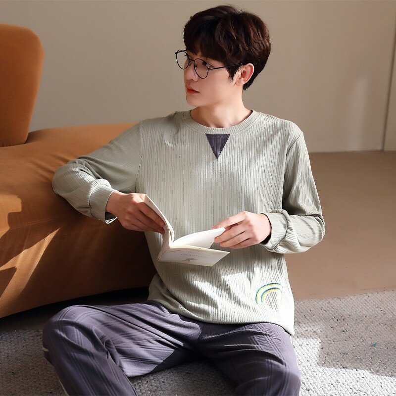 Set Piyama Pria Gaya Minimalis Korea Pakaian Tidur Katun Loungewear Lengan Panjang untuk Anak Laki-laki Santai Pria Mode Rumah