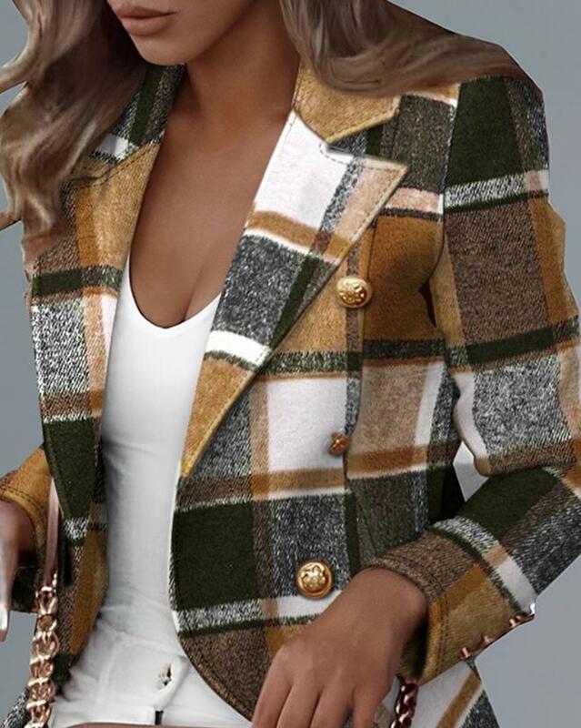 Jaqueta de blazer estampada xadrez feminina, casaco de manga comprida, trespassado duplo, botão frontal, combina com tudo, casual, inverno, 2023