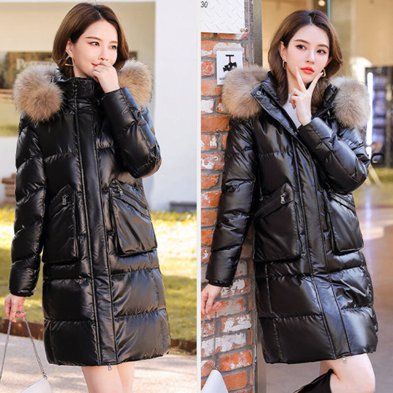 2023 New Women Down Jacket Winter coat Female Mid length version fur collar Parkas Loose hooded outwear glossy warm outcoat
