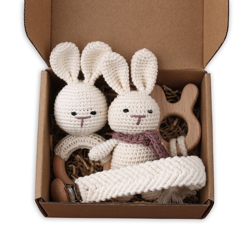 77HD детская соска-погремушка и зажимы, набор держателей, деревянная ручка с кроликом, набор игрушек для встряхивания, плетеная