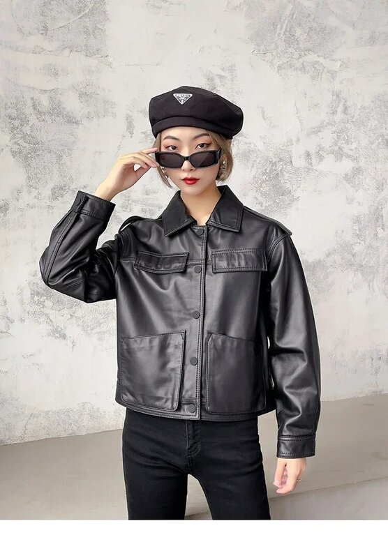 Tajiyane-정품 가죽 자켓 여성용 짧은 가죽 자켓, 2023 진짜 가죽 코트 폴로 칼라 양피 코트 캐주얼