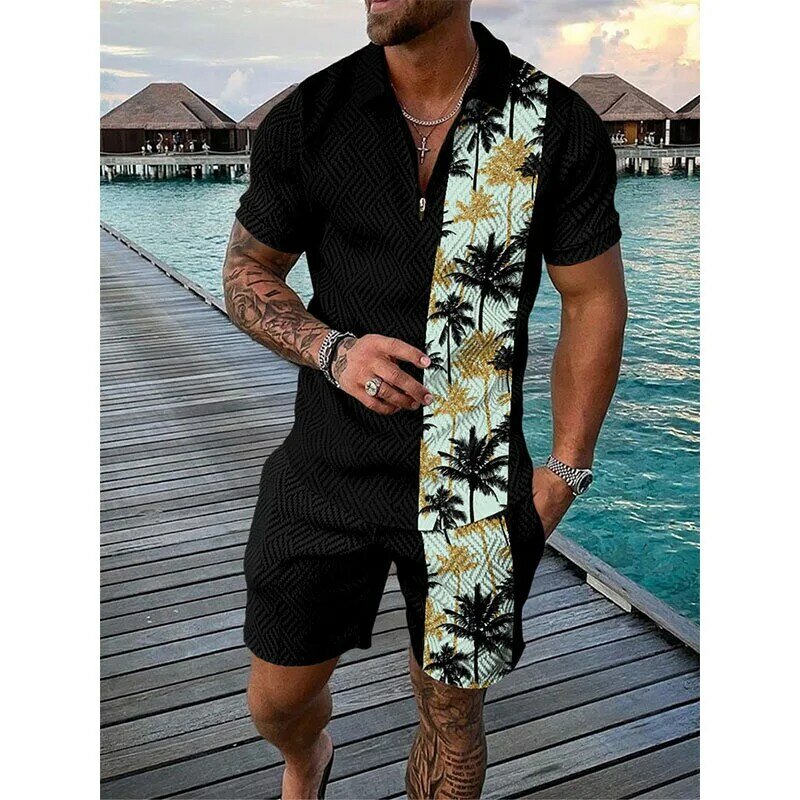 Костюм спортивный мужской Пляжный из 2 предметов, гавайская рубашка-поло и шорты с 3D принтом, комплект из рубашки и брюк большого размера с коротким рукавом