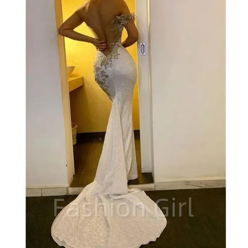 Sexy Bling White Sequined Gold Lace Appliques Mermaid Prom Dresses Sequins One Shoulder Sheer Back Sides Formal Evening Gowns